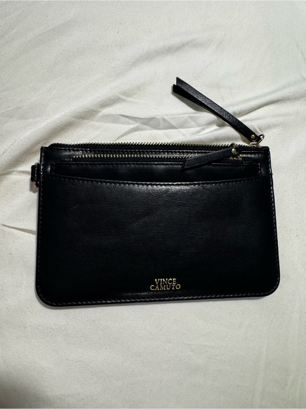 Vince Camuto Black Leather Zip Wristlet with Logo